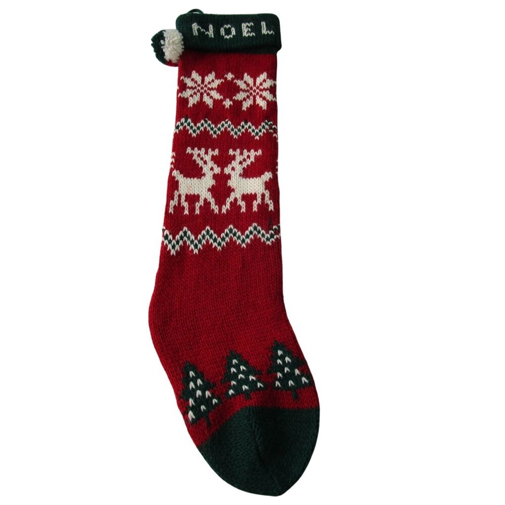 Vintage Christmas Knit Stocking With Reindeer Trees & Pom-Pom 24"x5.5" Festive R
